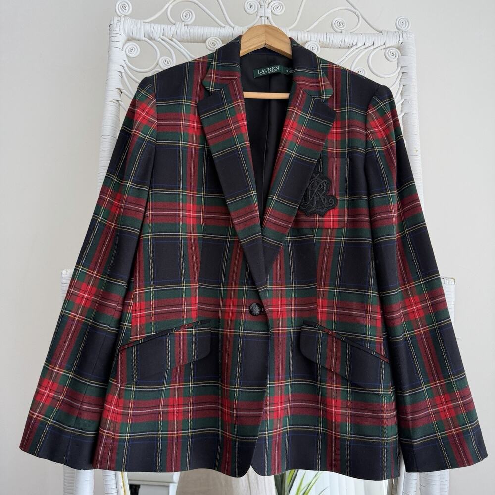 Lauren Ralph Lauren Blazer Womens 18 Red Tartan Plaid Bullion Crest Equestrian